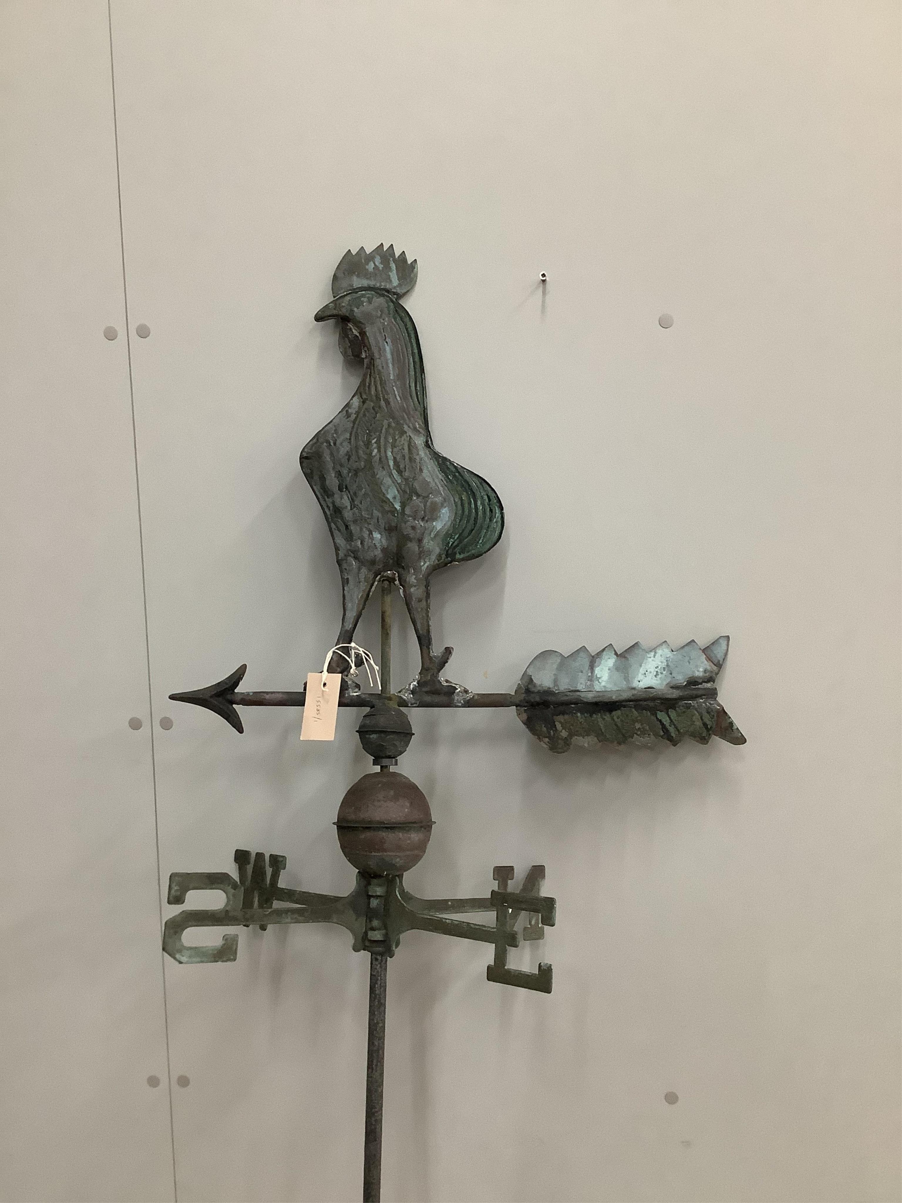 A copper and wrought iron cockerel weather vane, height 190cm. Condition - fair